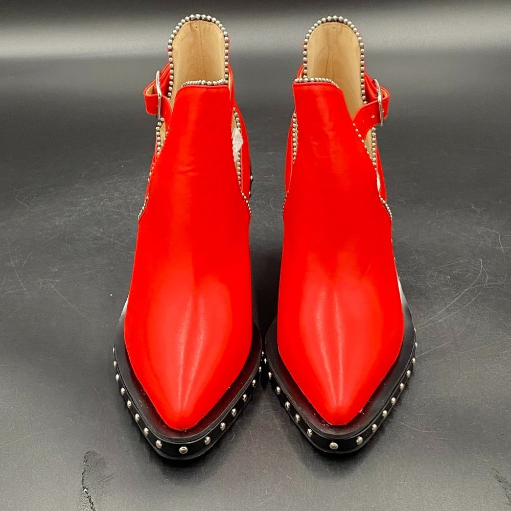 YDN red pointy toe rivets wedges low heels ankle boots booties shoes